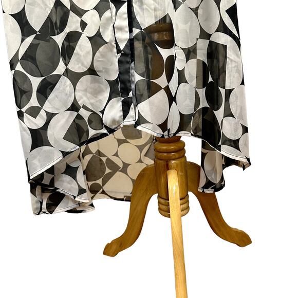 Shirt Dress Womens SZ 10 Black White Abstract Belted High Low Tradwife Sheer - Picture 8 of 14